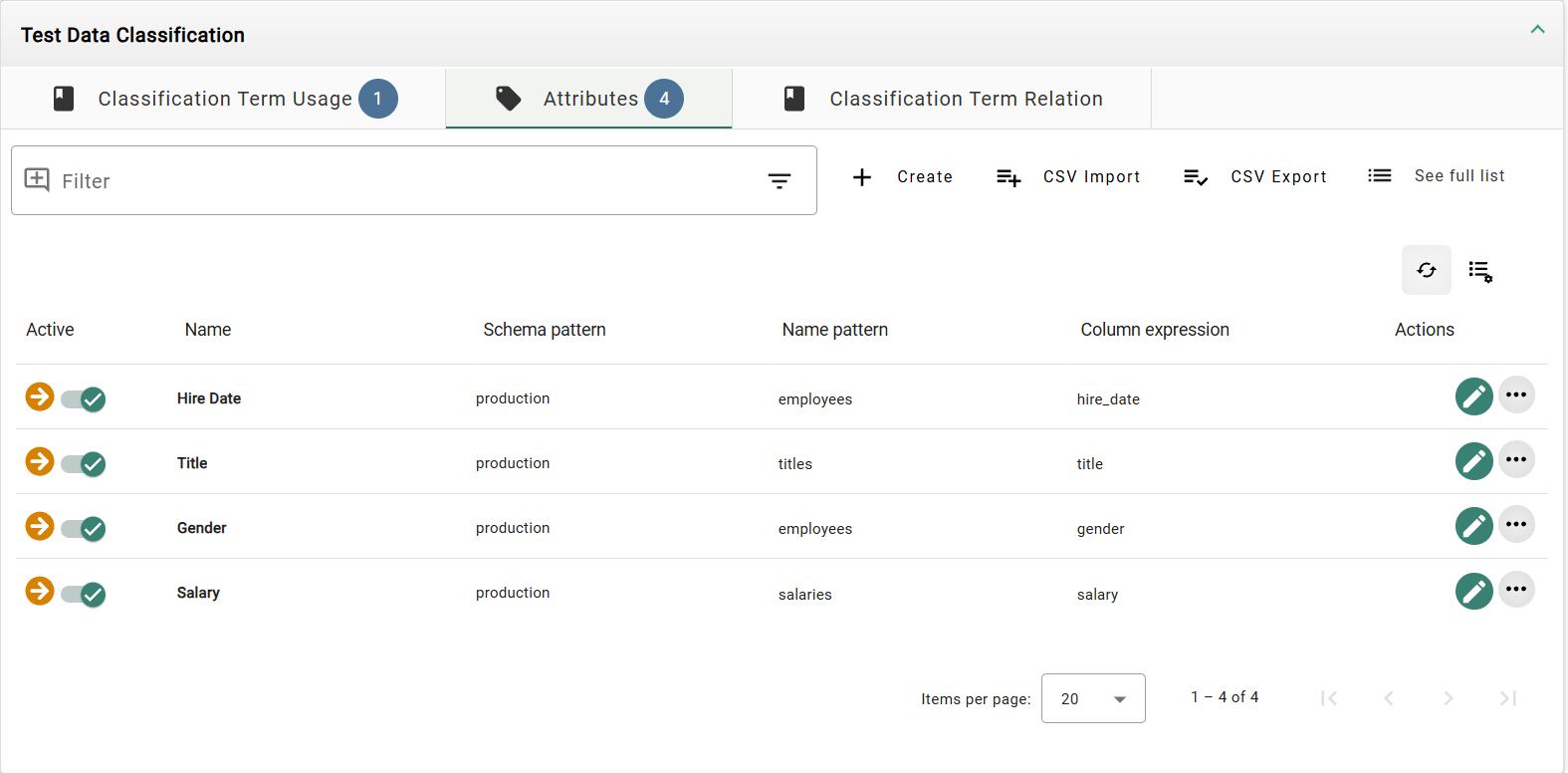 Screenshot with the list of defined attributes