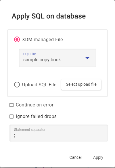 Screenshot of applying the SQL file to the File Bridge server