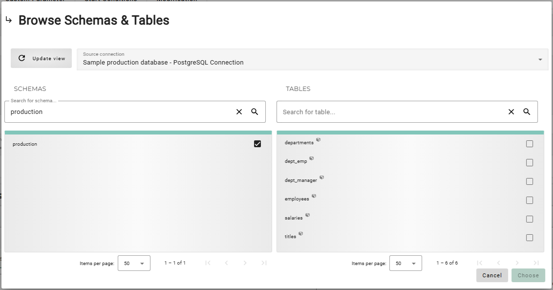 Browse schemas and tables