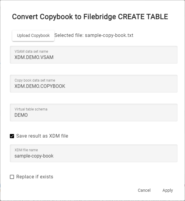 Screenshot of the dialog to convert a copybook to SQL file