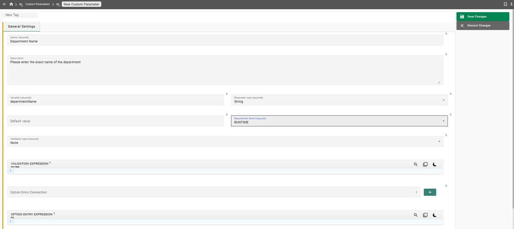 Screenshot of the custom parameter settings
