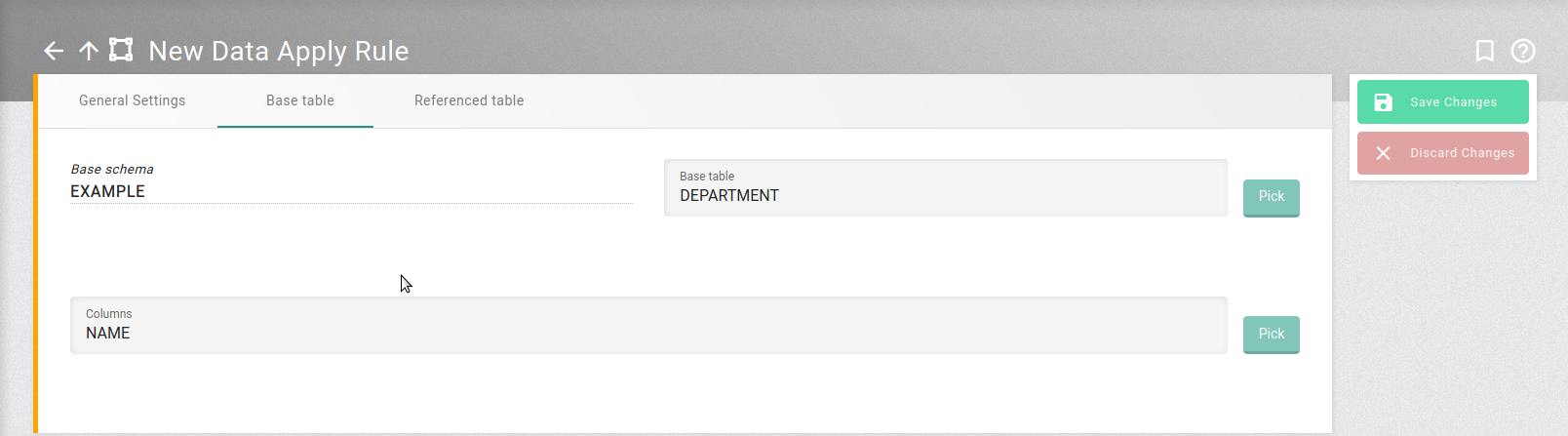 Screenshot of base table settings of the data apply rule
