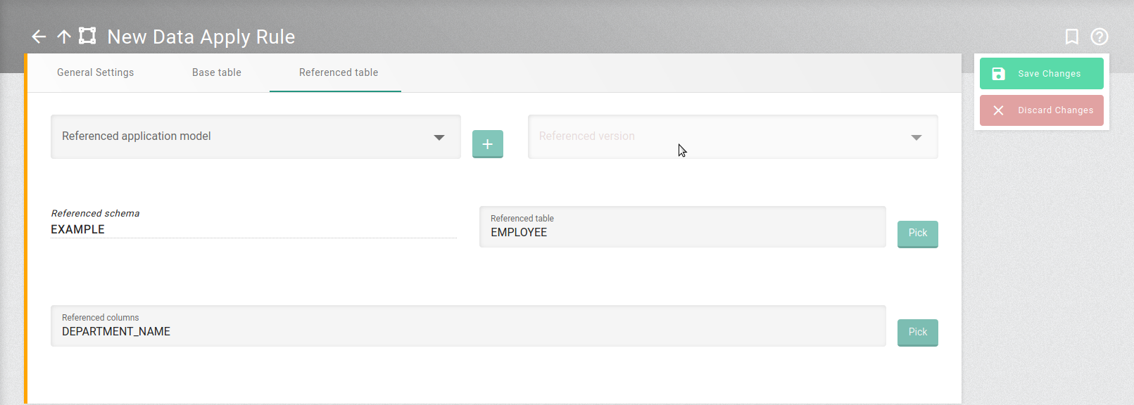 Screenshot of referenced table settings of the data apply rule