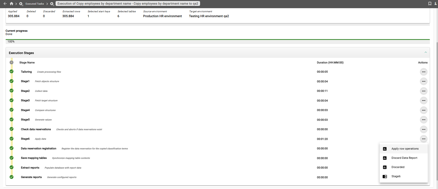 Screenshot of an executed row level processor task