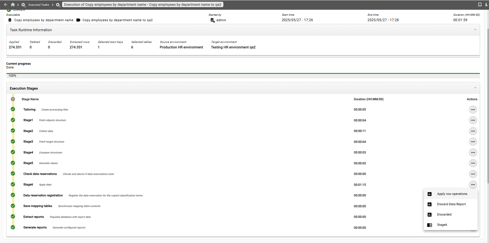 Screenshot of the executed steps of a row level processor task