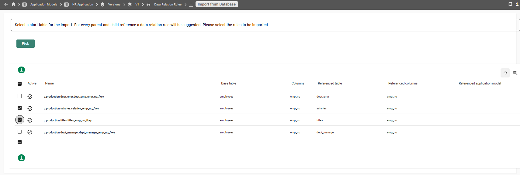 Screenshot of the foreign keys found for the production table