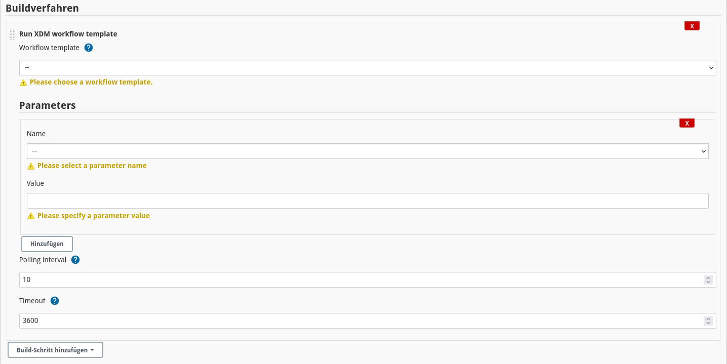 Screenshot of the Jenkins plugin showing the workflow template execution configuration