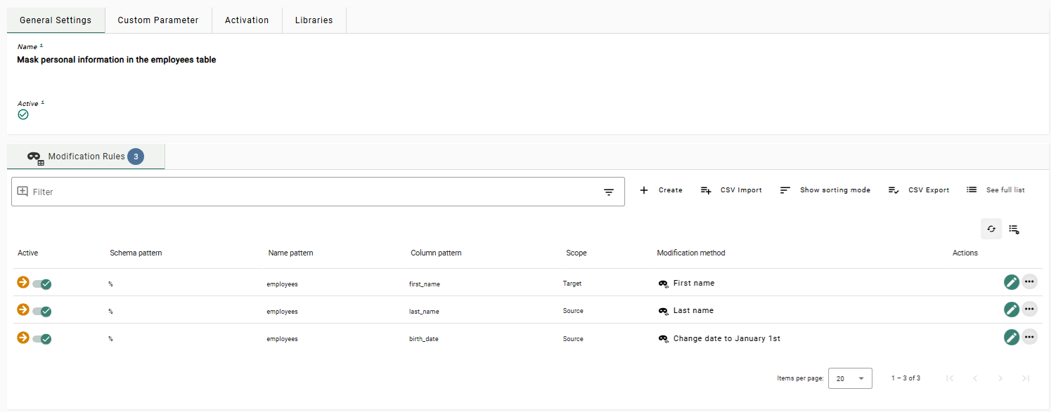 Screenshot of the settings of the modification set