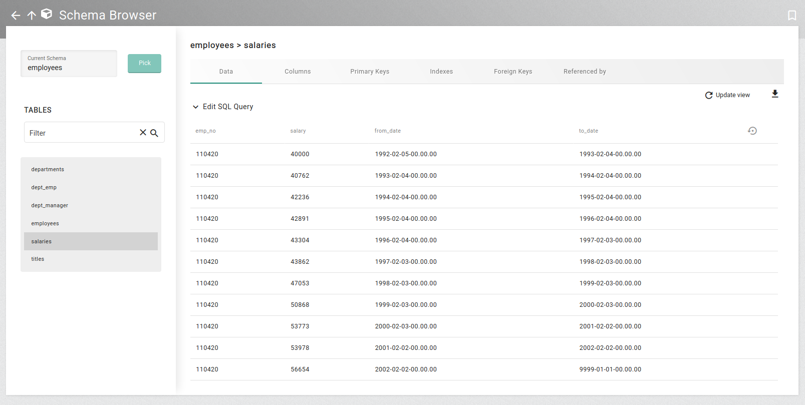 Data preview of the salaries table