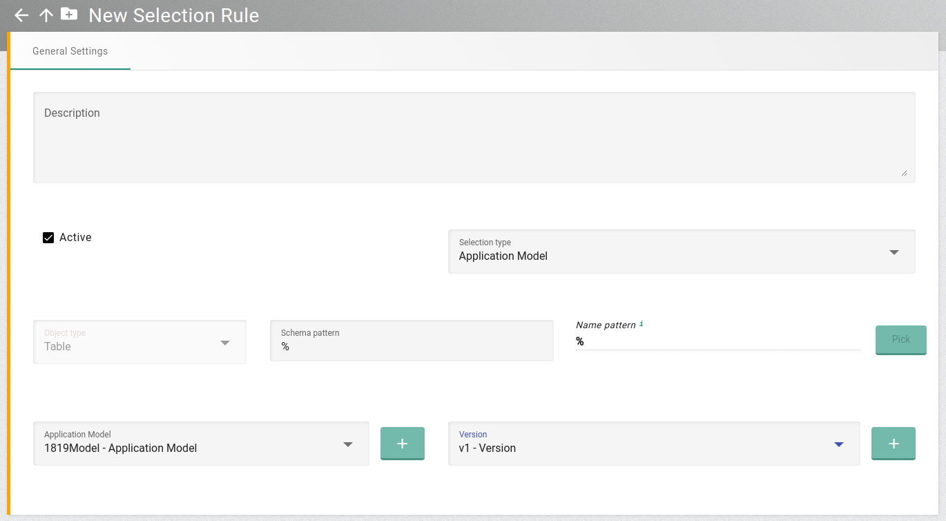 Screenshot showing a selection rule using an application model to select tables