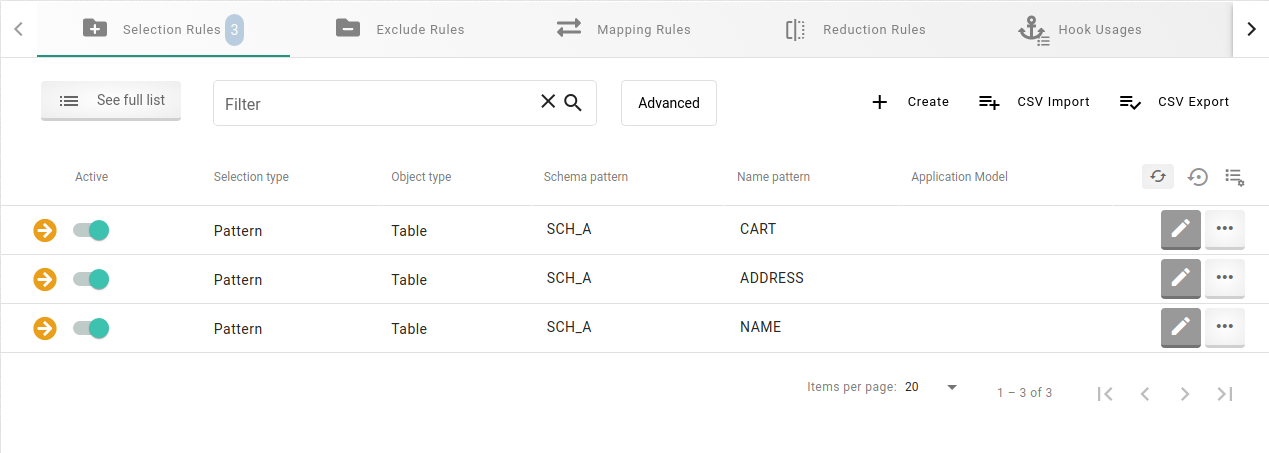 Screenshot showing selection rules with specific table selection