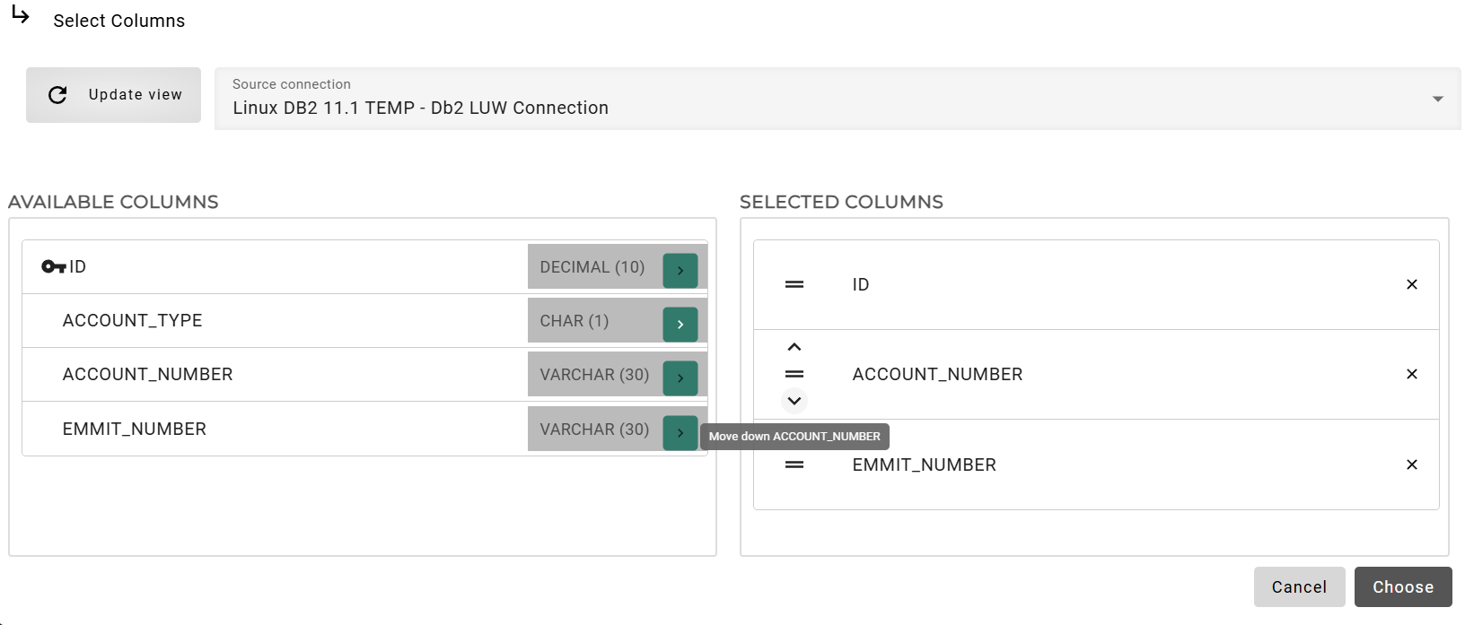 User interface column picker