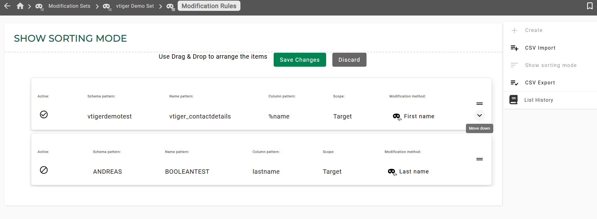 User interface sorting mode