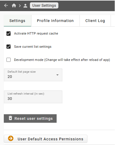 User interface user settings
